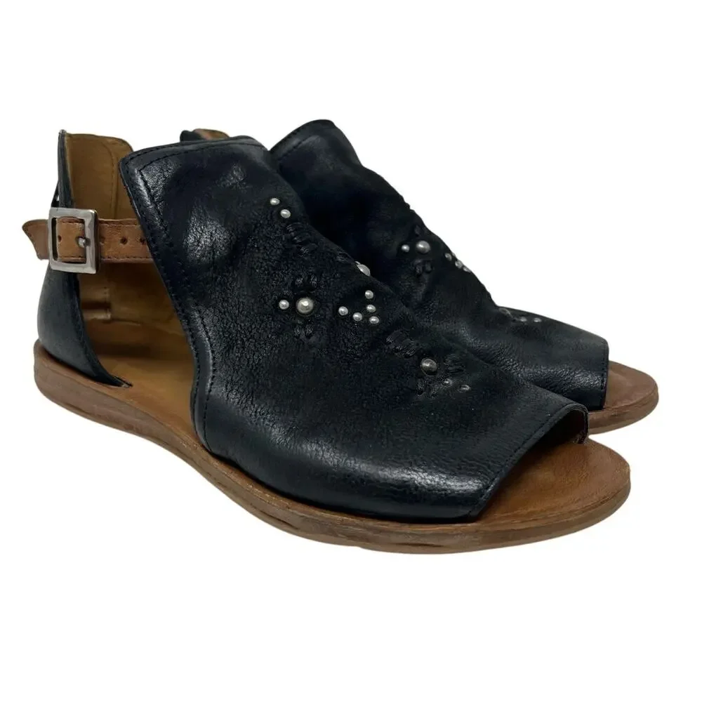 NWT Miz Mooz Women's Feat Black Leather Studded Cutout Sandals 39/8.5
